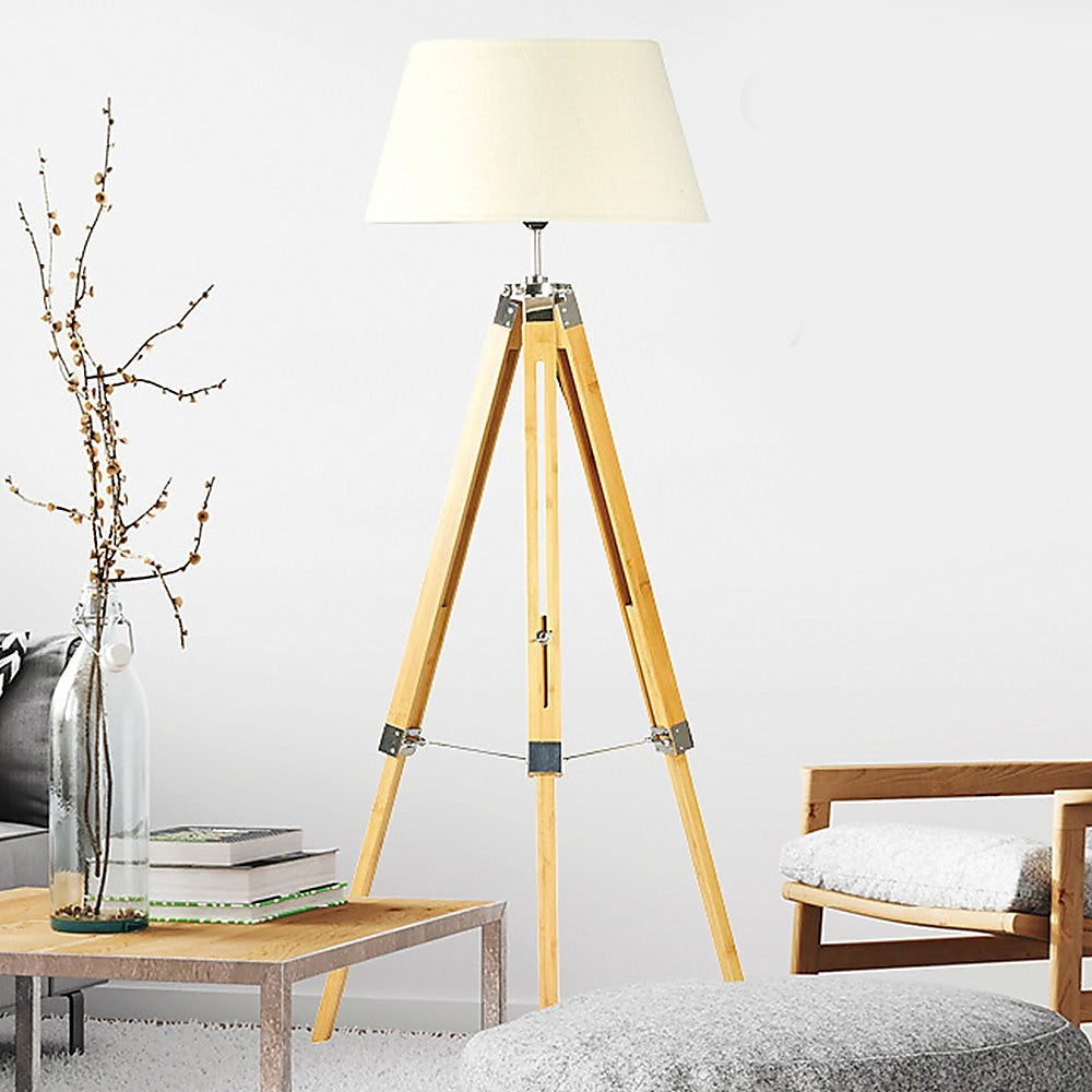 Adjustable Wood Tripod Floor Lamp, Fabric Shade, 145cm