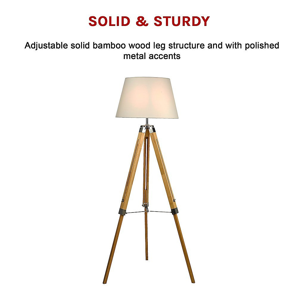 Adjustable Wood Tripod Floor Lamp, Fabric Shade, 145cm