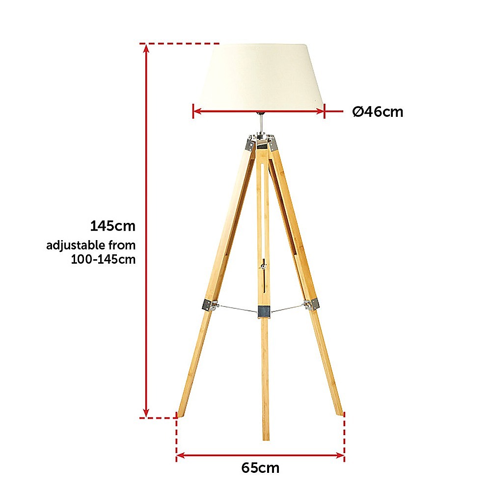 Adjustable Wood Tripod Floor Lamp, Fabric Shade, 145cm