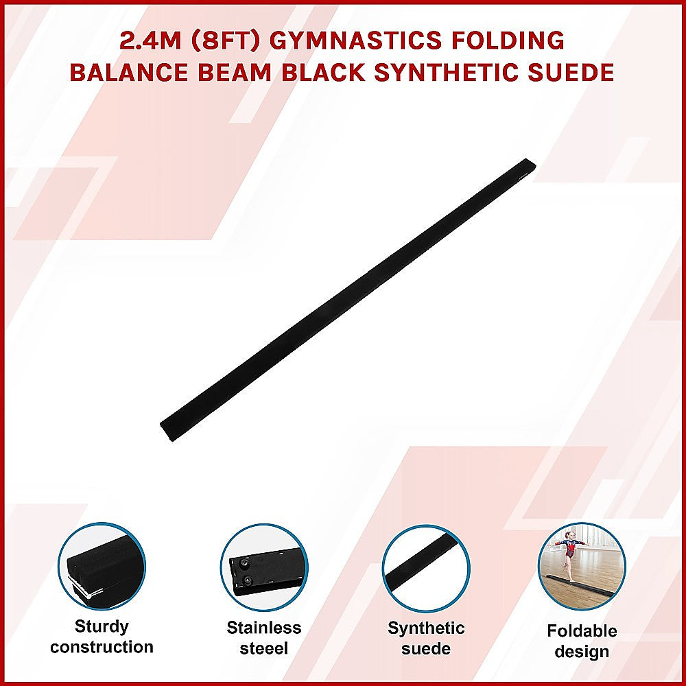 2.4m 8FT Gymnastics Folding Balance Beam Black Synthetic Suede