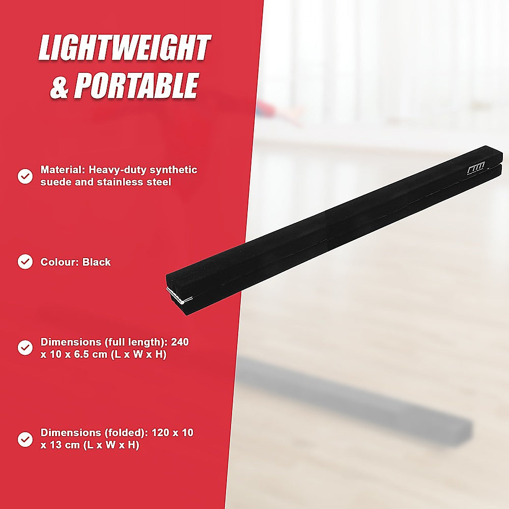 2.4m 8FT Gymnastics Folding Balance Beam Black Synthetic Suede