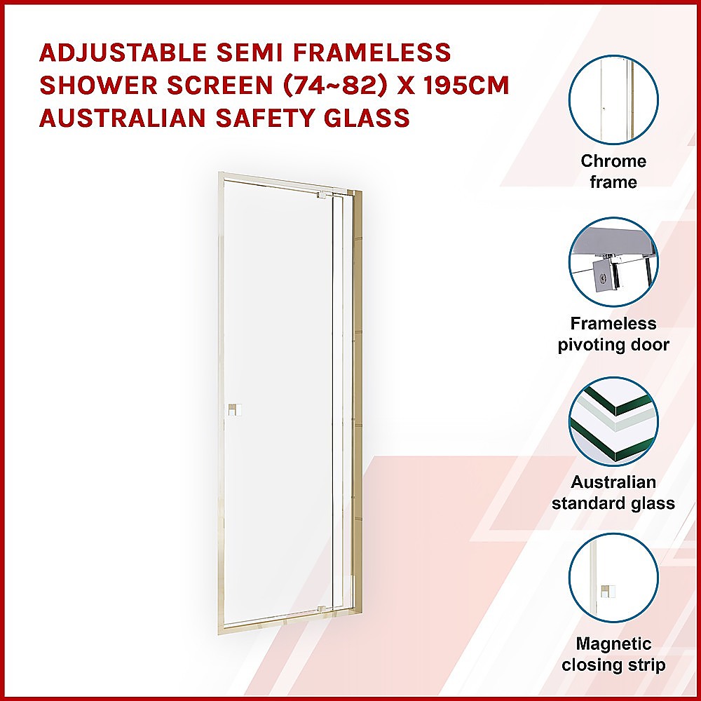 Adjustable Semi Frameless Shower Screen 74 82 x 195cm Australian Safety Glass