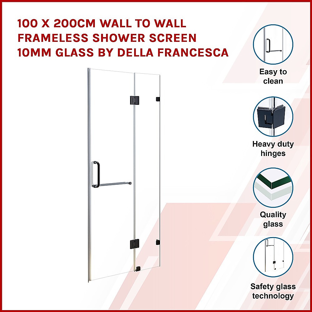 Frameless Black 10mm Tempered Glass Shower Screen 100x200cm