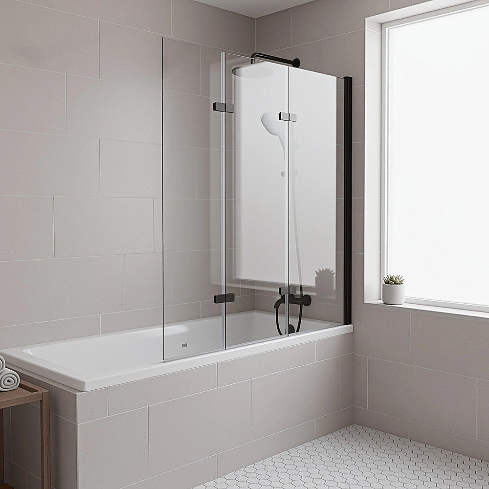 3 Fold Black Folding Bath Shower Screen Door Panel 1300mm x 1400mm