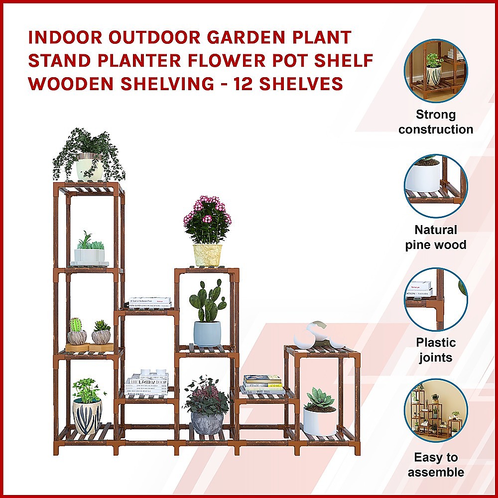 Water-Resistant 12-Shelf Wooden Plant Stand - Indoor Outdoor