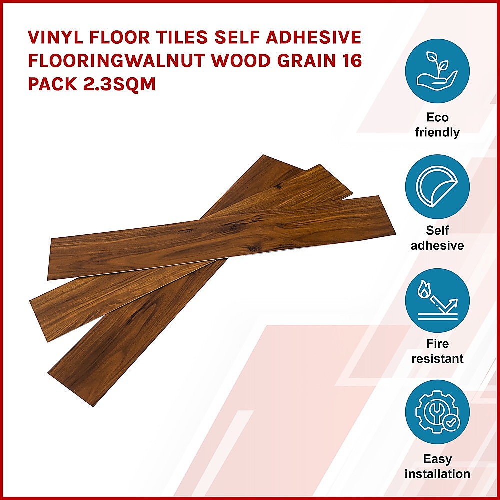 Self-Adhesive Vinyl Floor Tiles, Walnut Wood Grain, 16 Pack