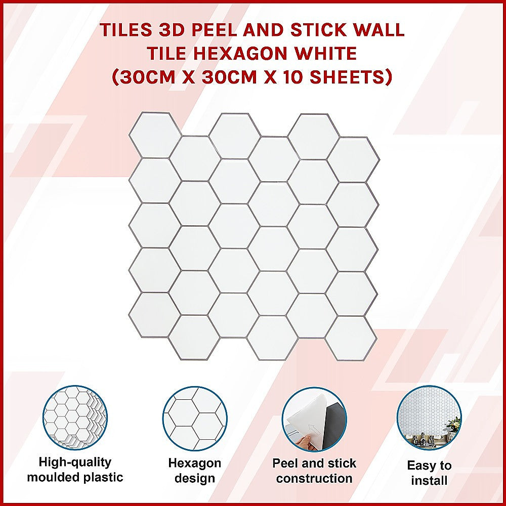 Tiles 3D Peel and Stick Wall Tile Hexagon White 30cm x 30cm x 10 sheets