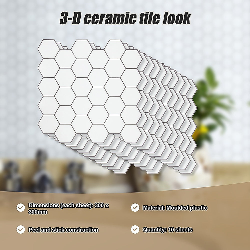 Tiles 3D Peel and Stick Wall Tile Hexagon White 30cm x 30cm x 10 sheets