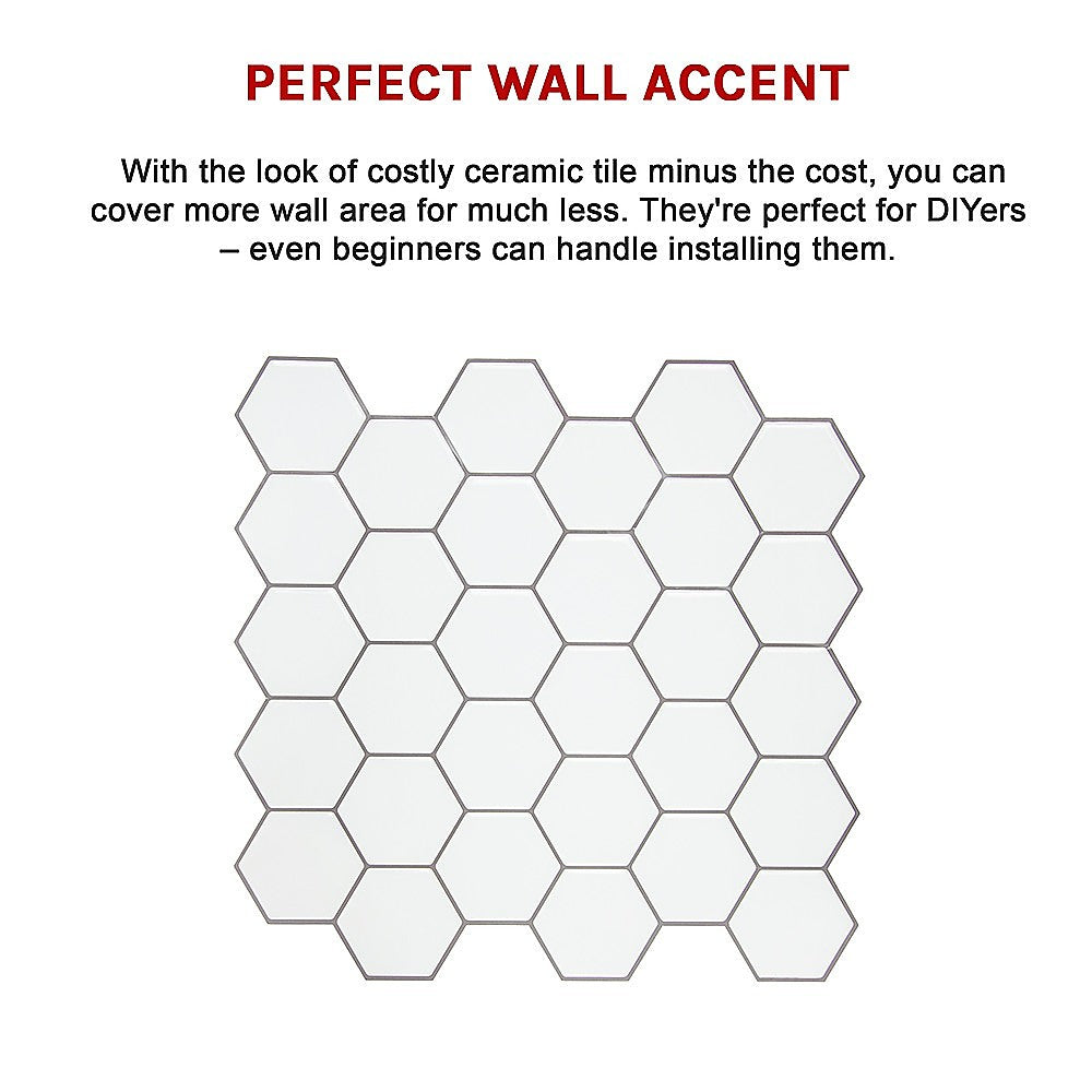 Tiles 3D Peel and Stick Wall Tile Hexagon White 30cm x 30cm x 10 sheets