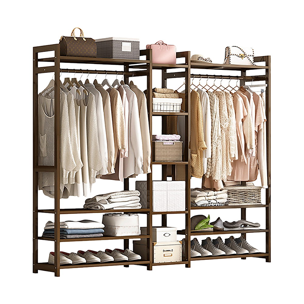 Dark Wood Bamboo Clothes Rack With Storage Drawers