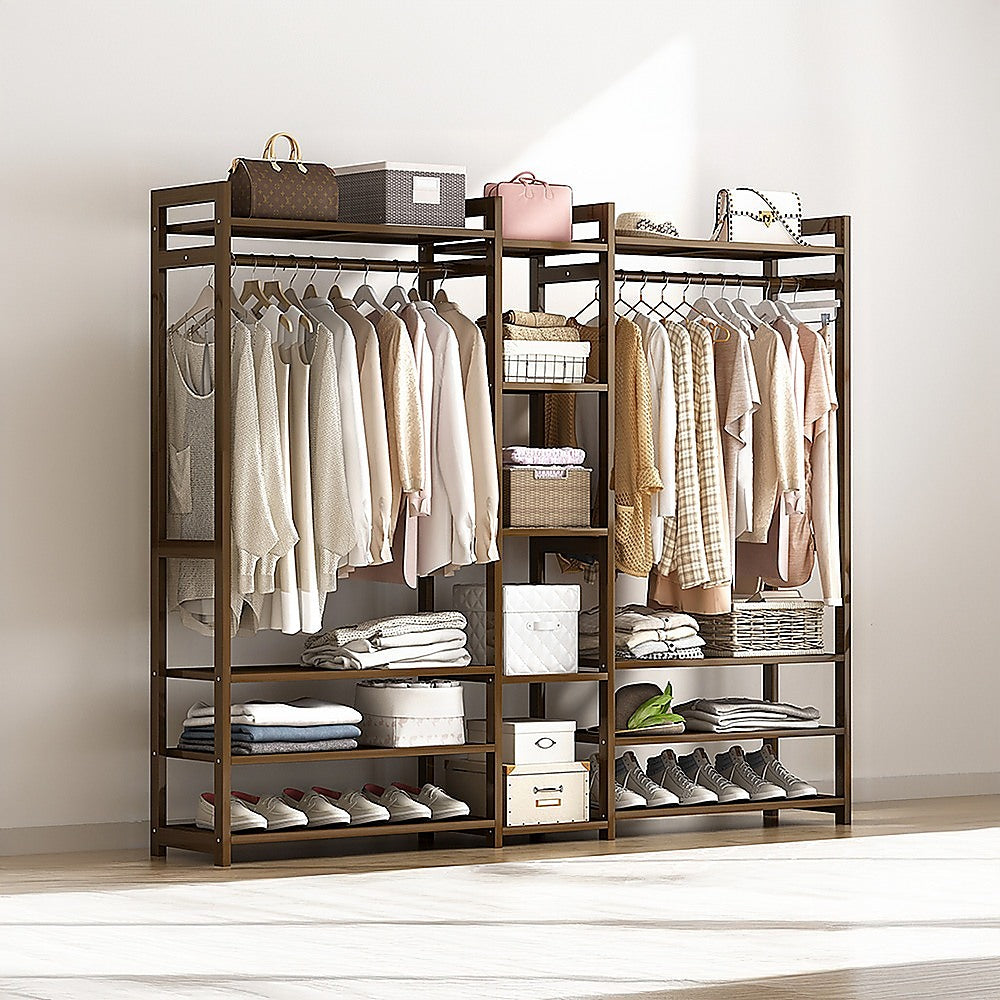 Dark Wood Bamboo Clothes Rack With Storage Drawers