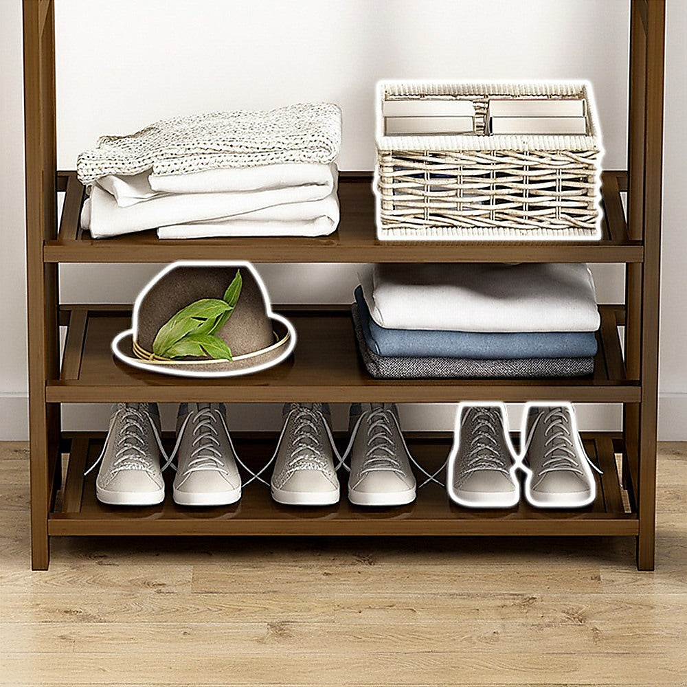 Dark Wood Bamboo Clothes Rack With Storage Drawers