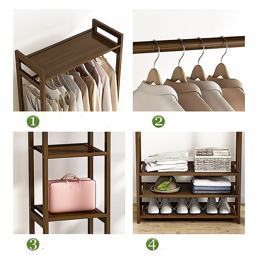 Dark Wood Bamboo Clothes Rack With Storage Drawers