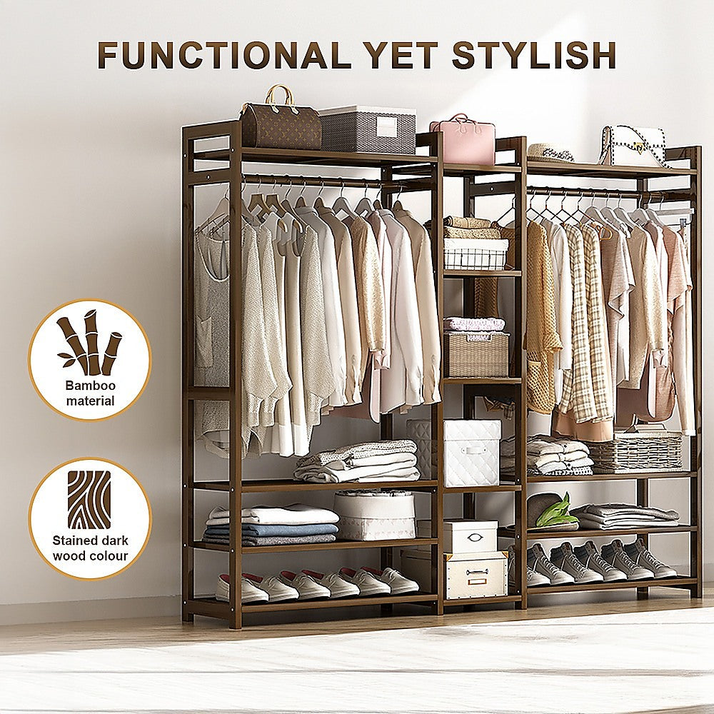 Dark Wood Bamboo Clothes Rack With Storage Drawers