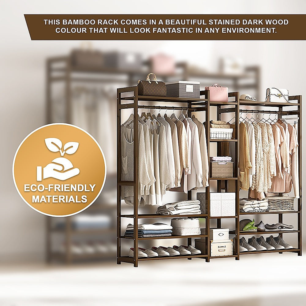 Dark Wood Bamboo Clothes Rack With Storage Drawers