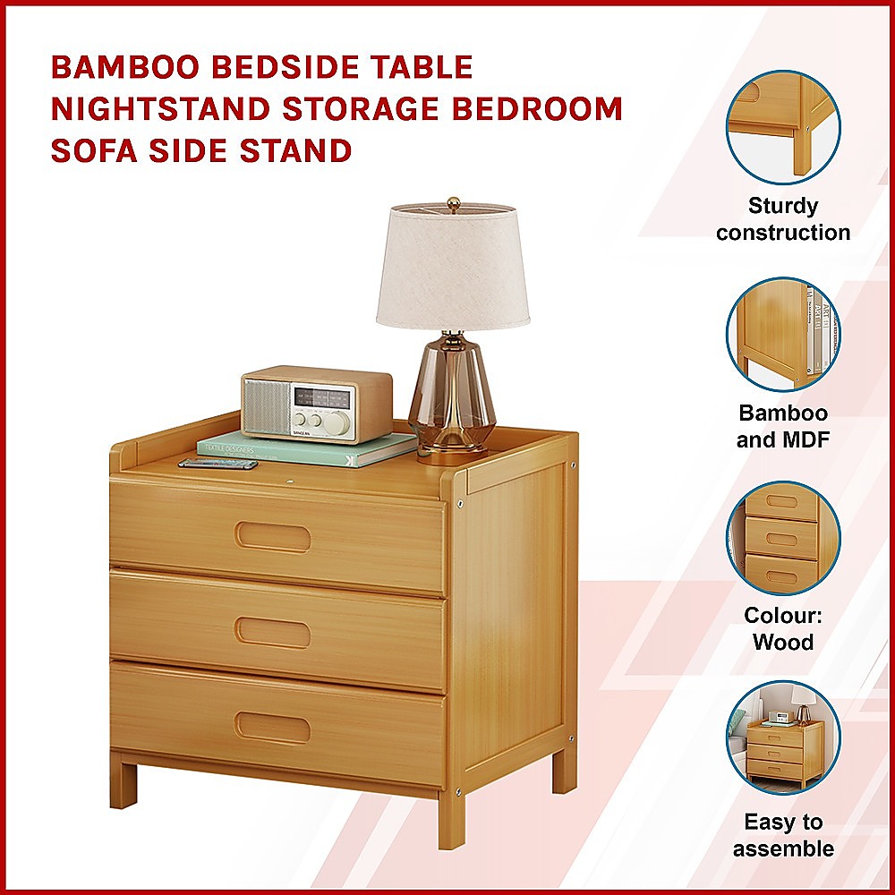 Bamboo Bedside Table with 3 Drawers, Waterproof Storage