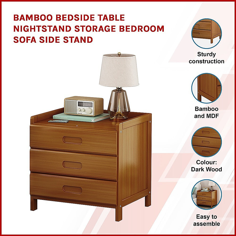 3-Drawer Waterproof Bamboo Bedside Table - Dark Wood