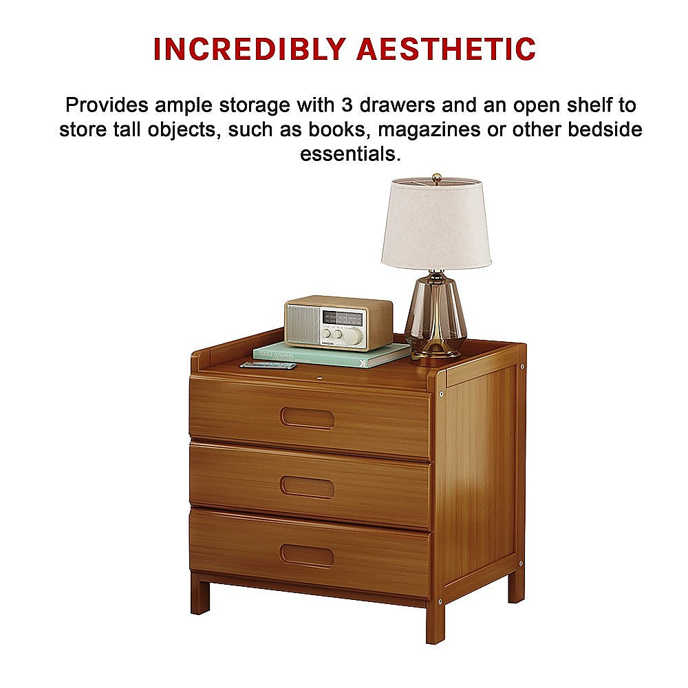 3-Drawer Waterproof Bamboo Bedside Table - Dark Wood