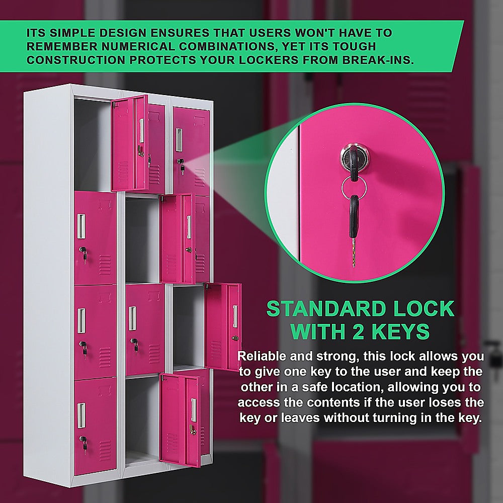 12-Door Locker for Office Gym Shed School Home Storage - Standard Lock with 2 Keys