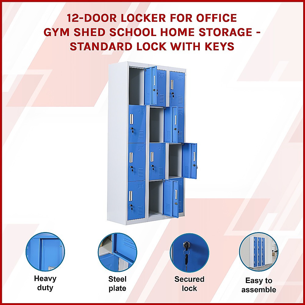 12-Door Locker for Office Gym Shed School Home Storage - Standard Lock with Keys