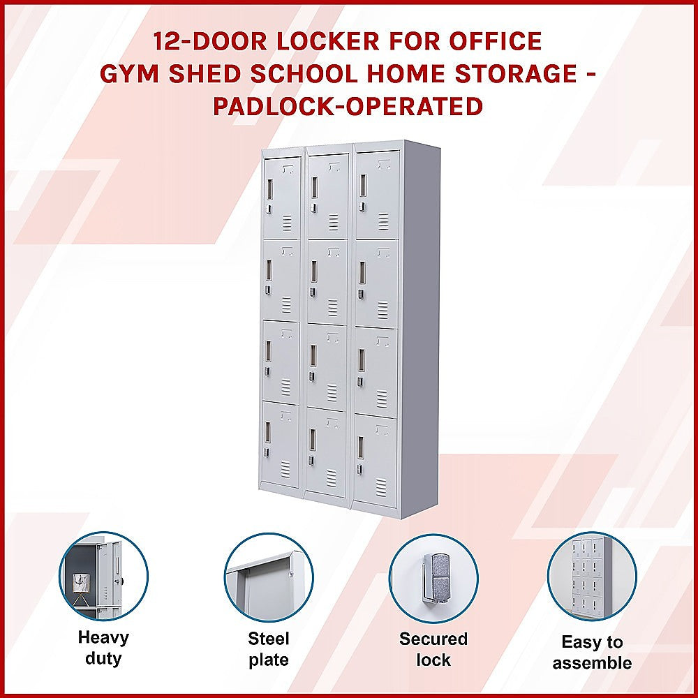 12-Door Locker for Office Gym Shed School Home Storage - Padlock-operated