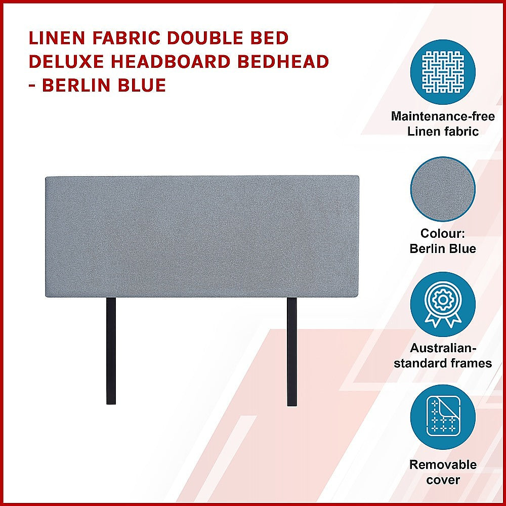 Berlin Blue Linen Fabric Double Bed Headboard, Custom Height