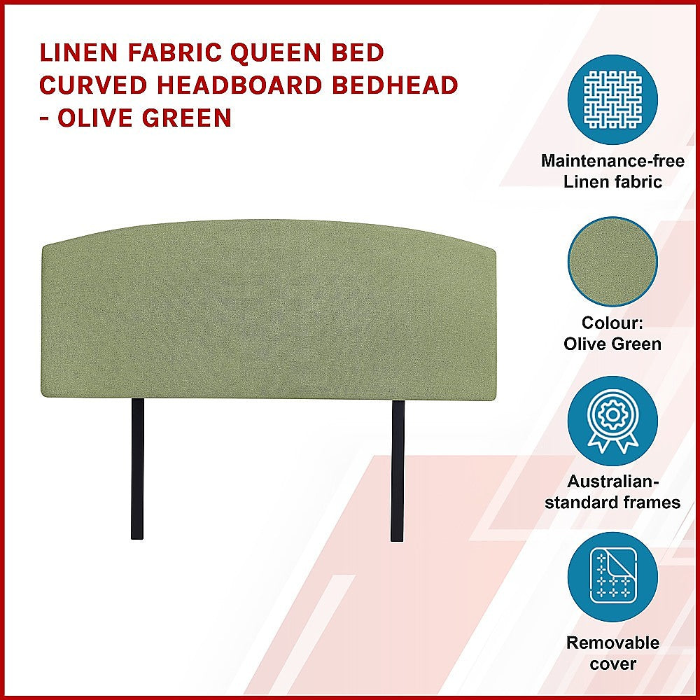 Olive Green Linen Fabric Queen Headboard, Curved, Adjustable Height