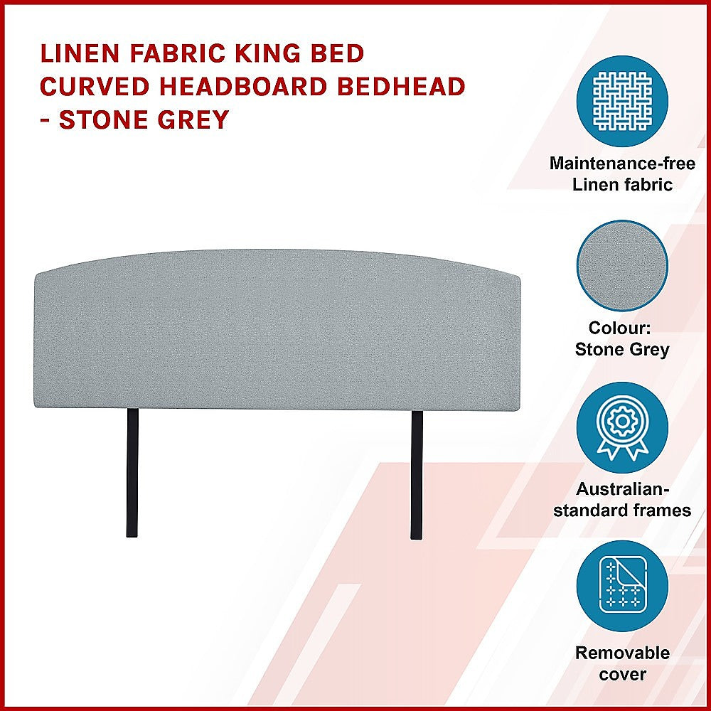 Linen Fabric King Bed Curved Headboard Bedhead - Stone Grey