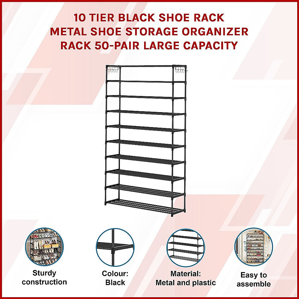 Durable 10-Tier Metal Shoe Rack, Black, 50-Pair Capacity