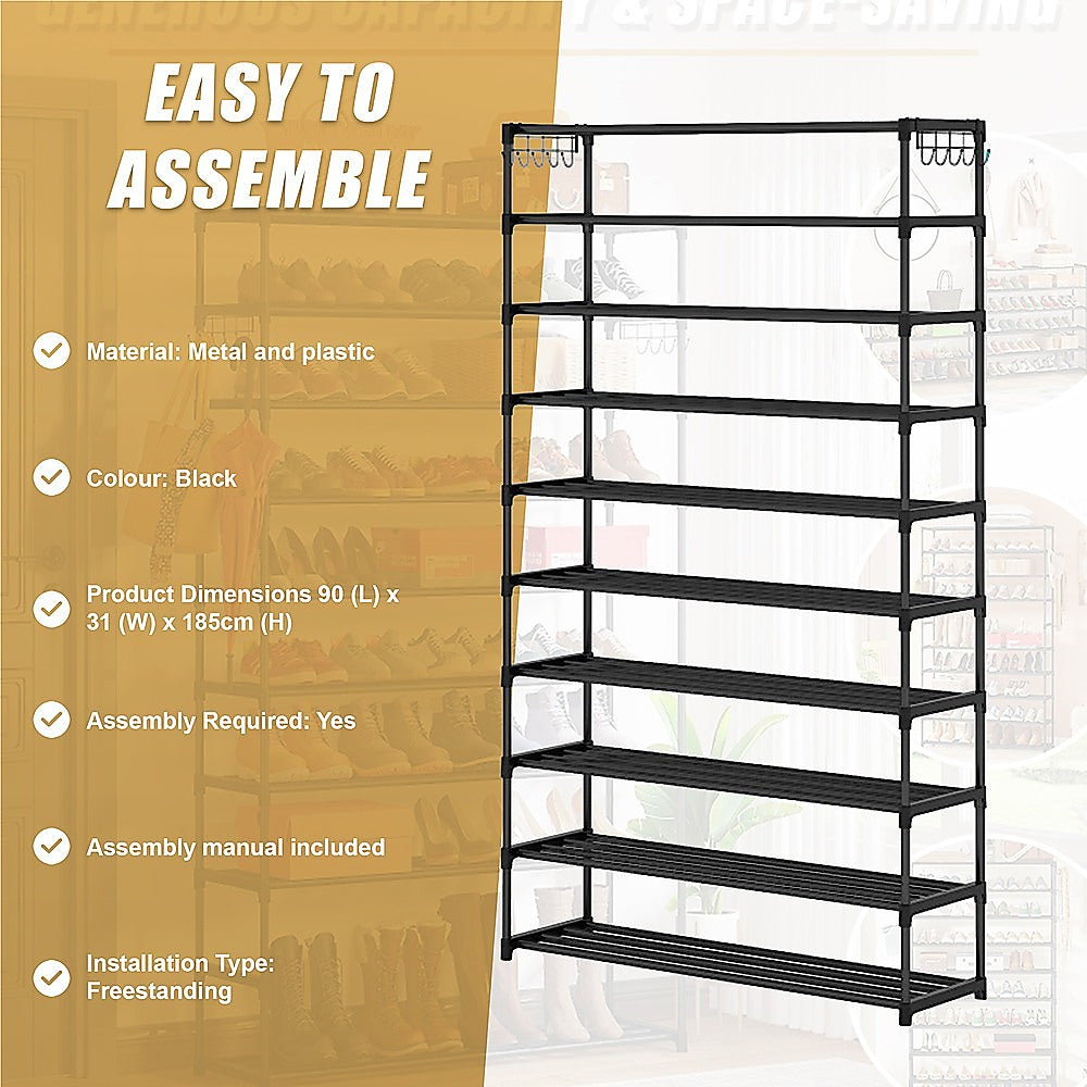 Durable 10-Tier Metal Shoe Rack, Black, 50-Pair Capacity