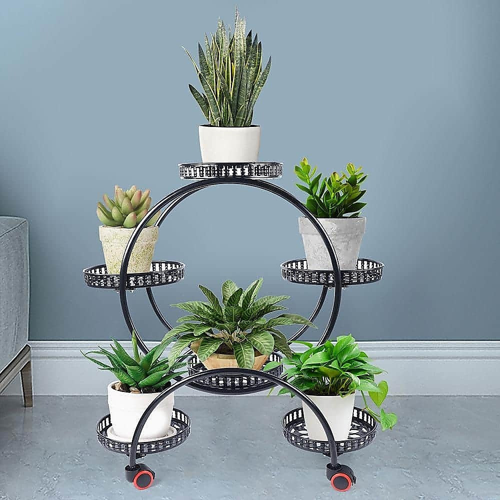 4-Layer 6-Pot Plant Stand, Black, Iron, Wheels, Randy & Travis