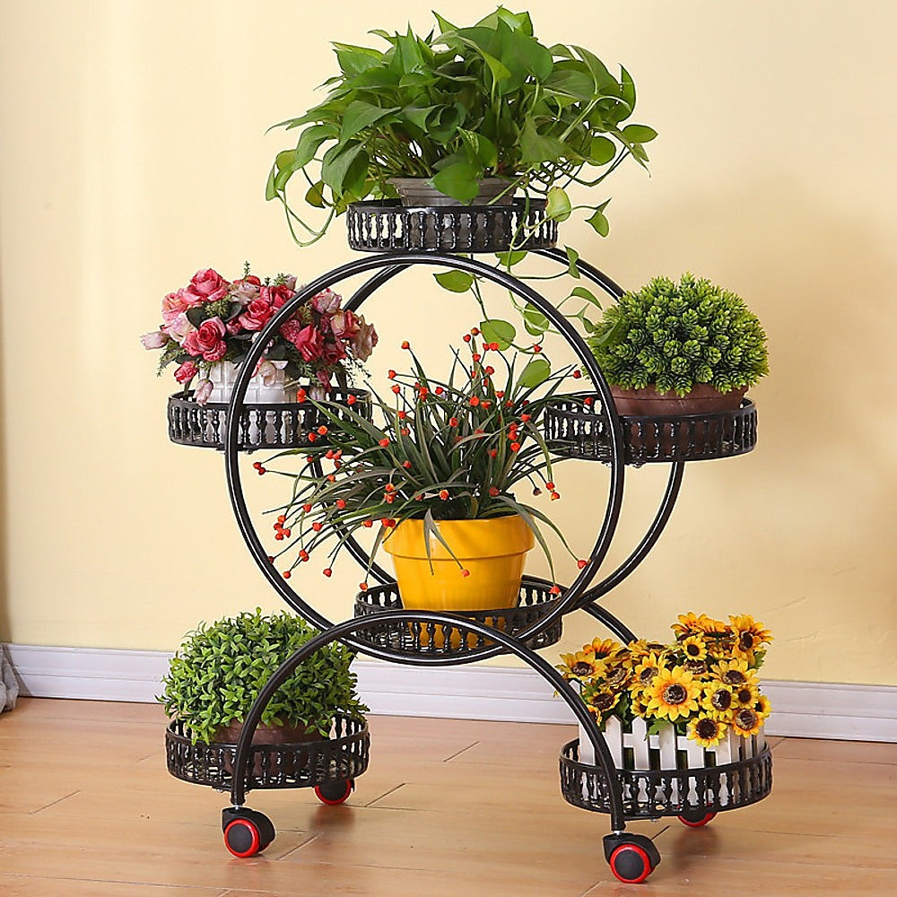 4-Layer 6-Pot Plant Stand, Black, Iron, Wheels, Randy & Travis