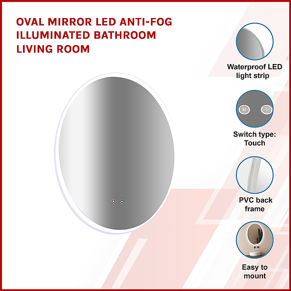 LED Anti-Fog Oval Mirror with Touch Switch, Waterproof, 60x80cm