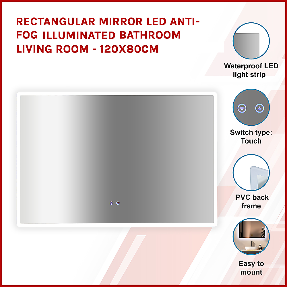 Anti-Fog LED Rectangular Bathroom Mirror with Touch Switch