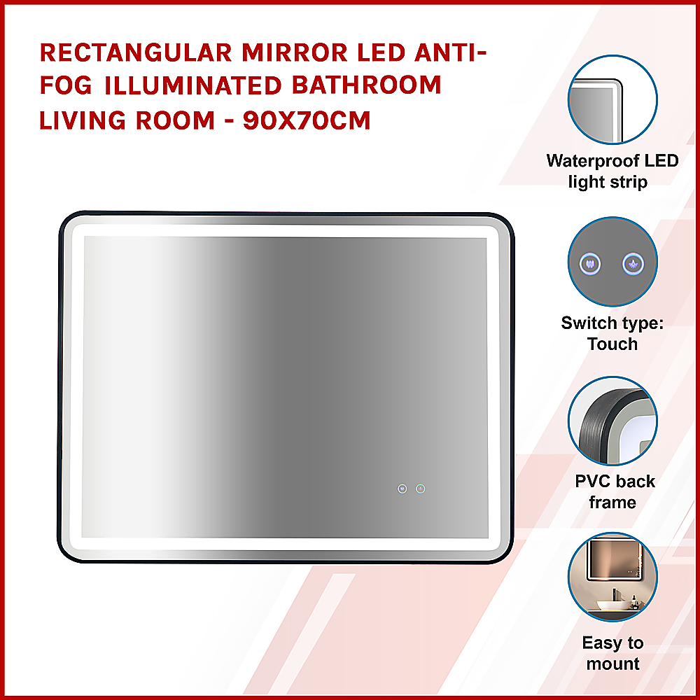 LED Anti-Fog Rectangular Mirror, Touch Control, 90x70cm