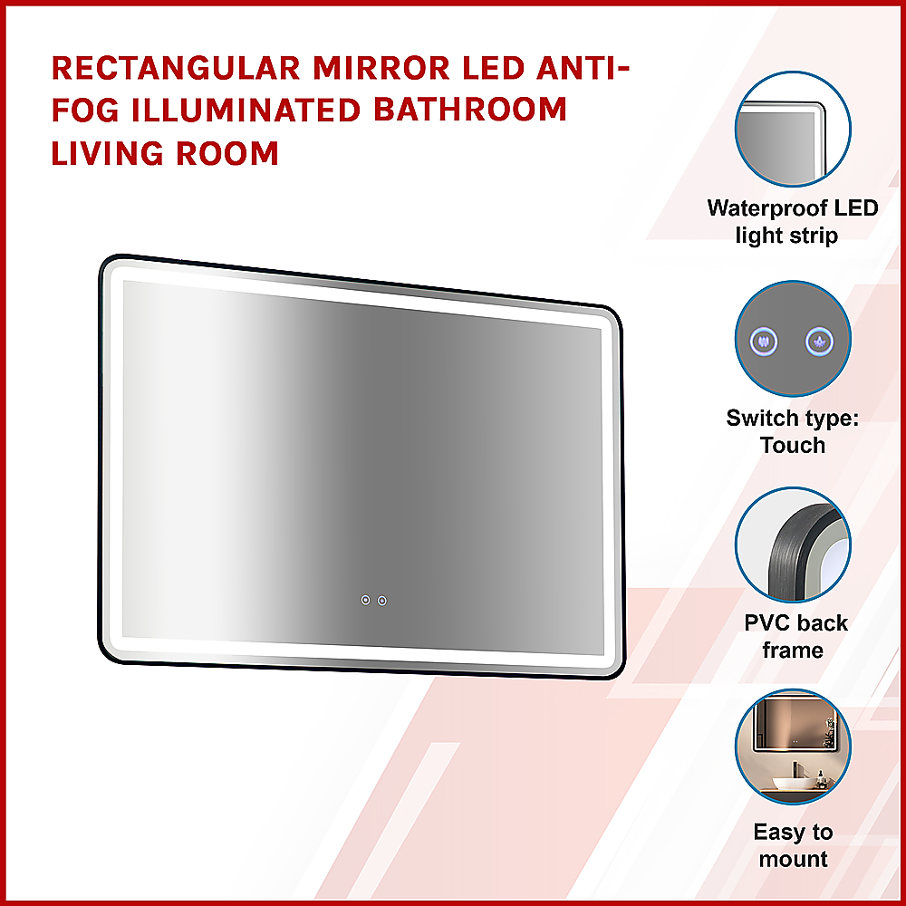 LED Anti-Fog Rectangular Mirror, Touch, Waterproof, 120x80