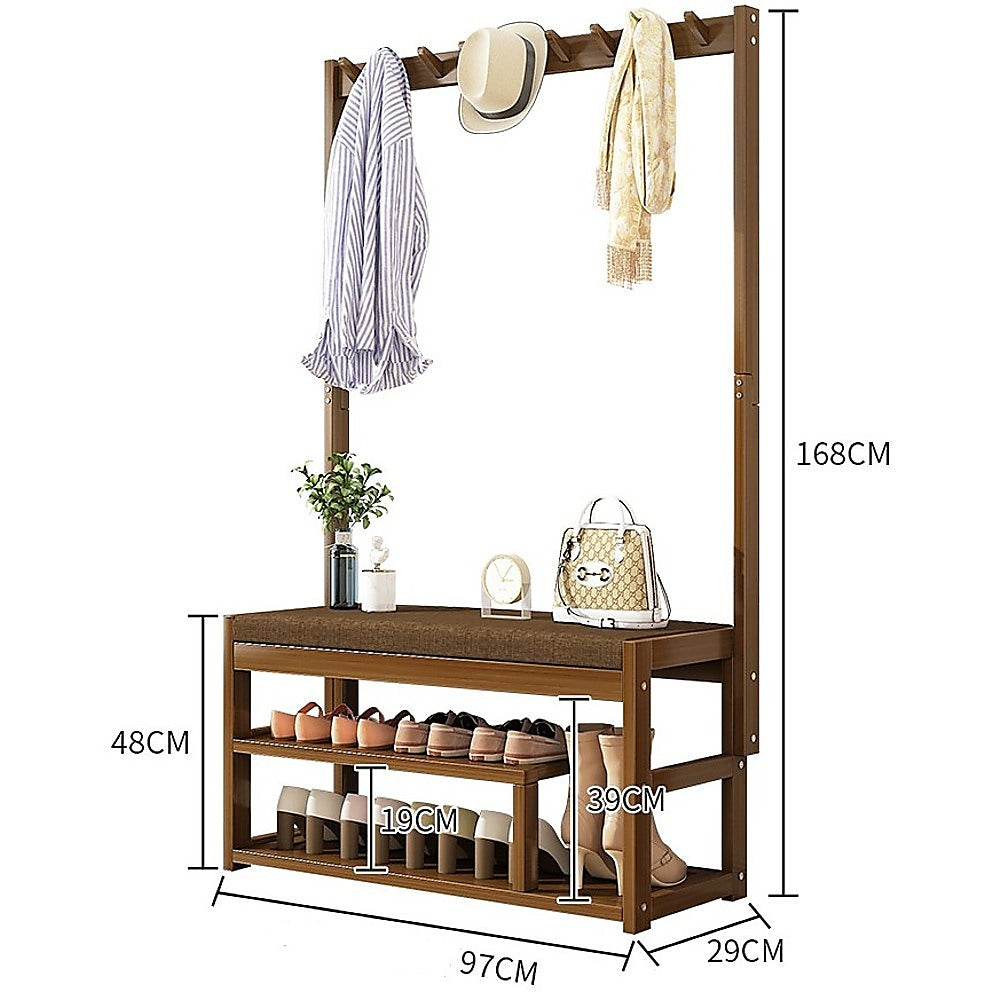 Bamboo Coat Rack with Bench, 9 Hooks and Shoe Storage, 100cm