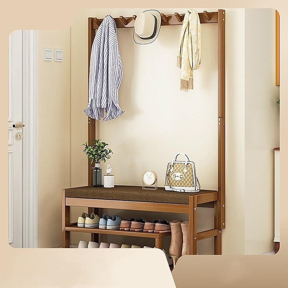 Bamboo Coat Rack with Bench, 9 Hooks and Shoe Storage, 100cm