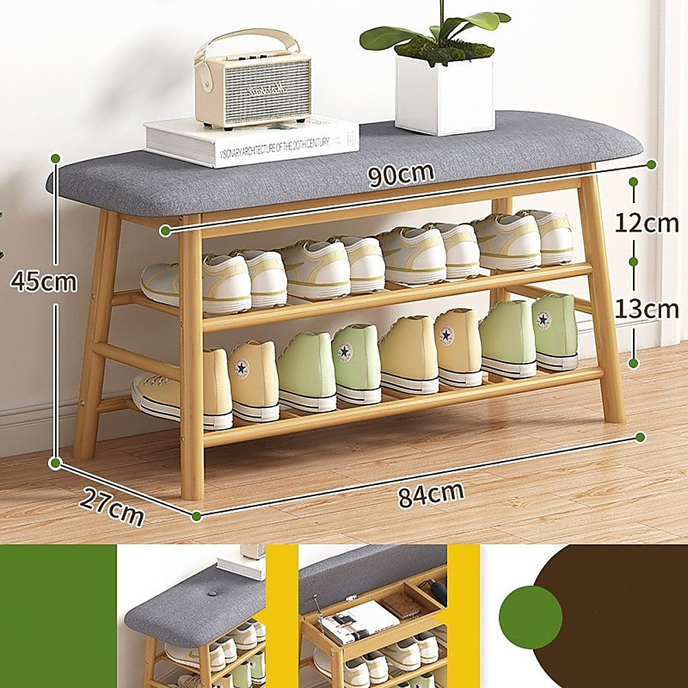 Premium Wood Stool Shoe Storage Rack with Cushion