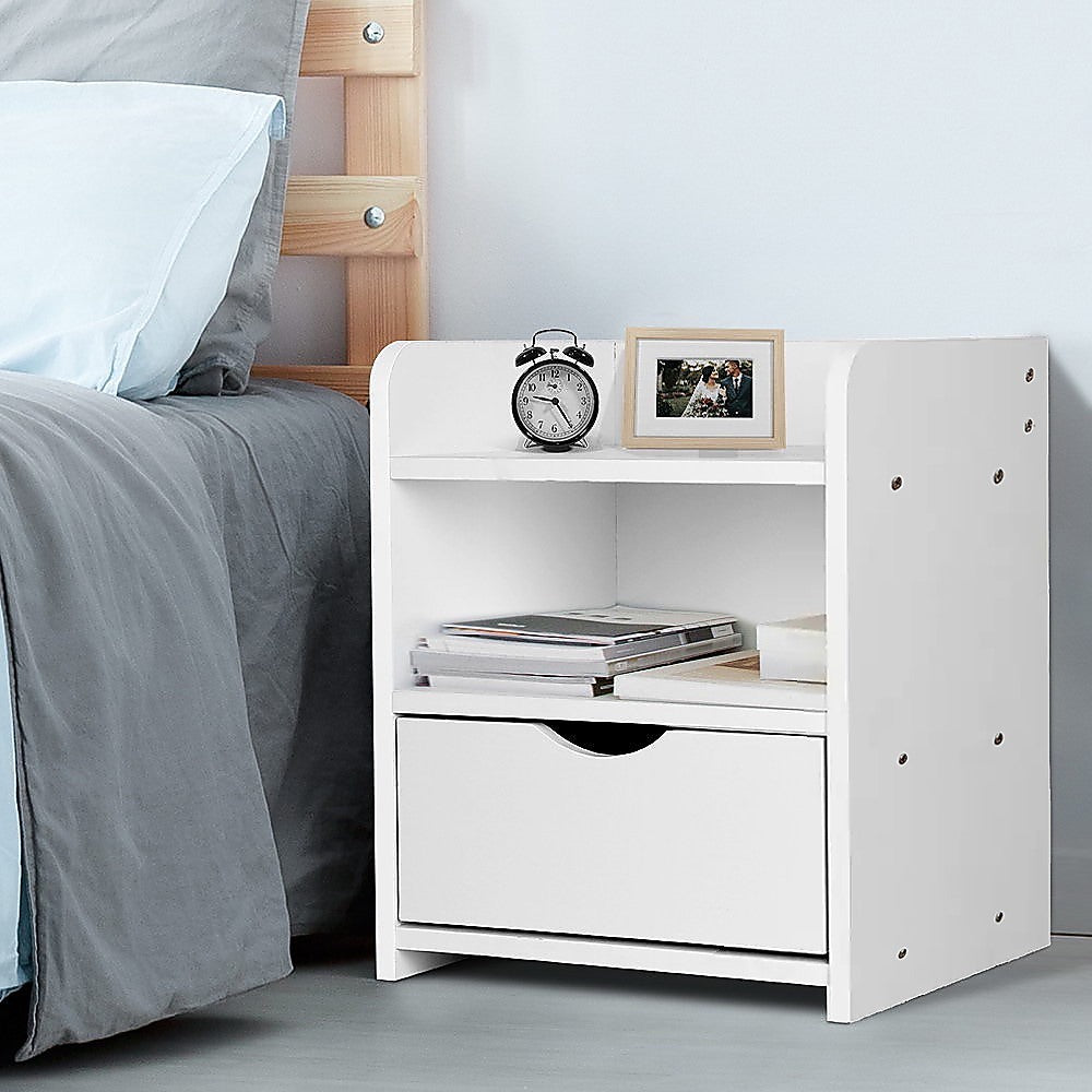 White MDF Bedside Table with Shelf & Drawer - Randy Travis