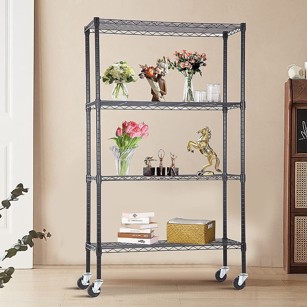 Adjustable 4-Tier Steel Wire Storage Shelving With Wheels