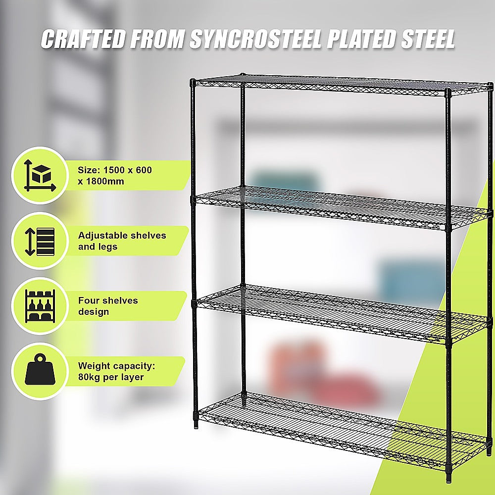 Adjustable Steel Wire Storage Shelf 100kg Capacity, 4-Shelf