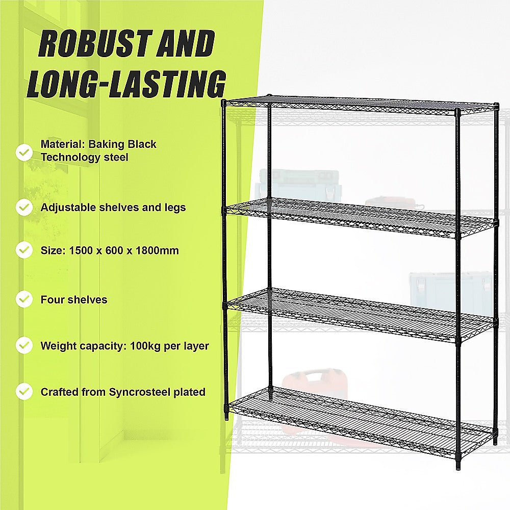 Adjustable Steel Wire Storage Shelf 100kg Capacity, 4-Shelf