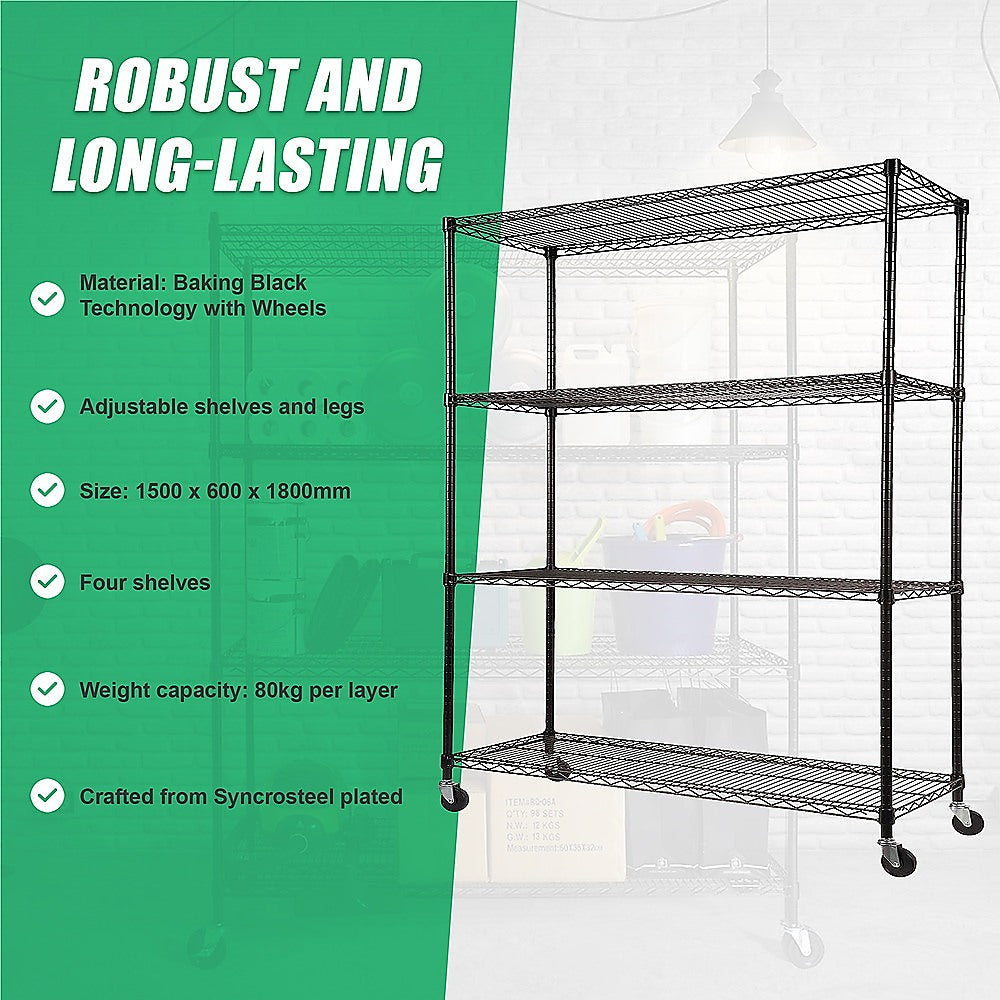 Adjustable Steel Wire Storage Shelving Unit with Wheels (1500 x 600 x 1800mm, 4 Shelves)