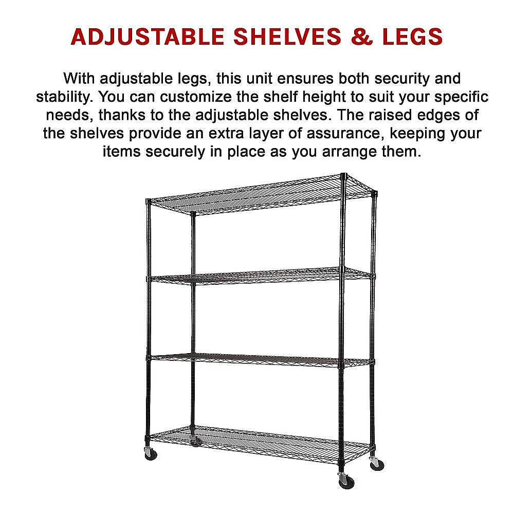 Adjustable Steel Wire Storage Shelving Unit with Wheels (1500 x 600 x 1800mm, 4 Shelves)