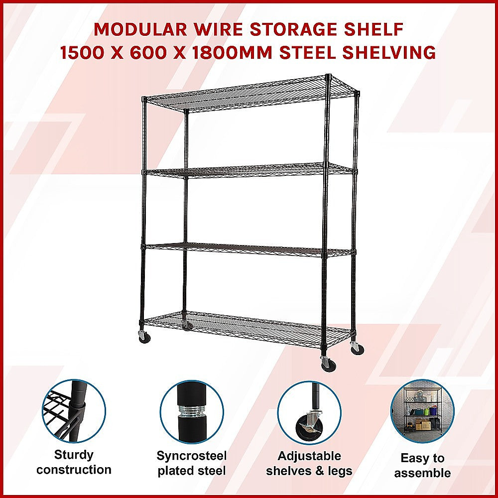 Adjustable Steel Wire Storage Shelving Unit with Wheels (1500 x 600 x 1800mm, 4 Shelves)