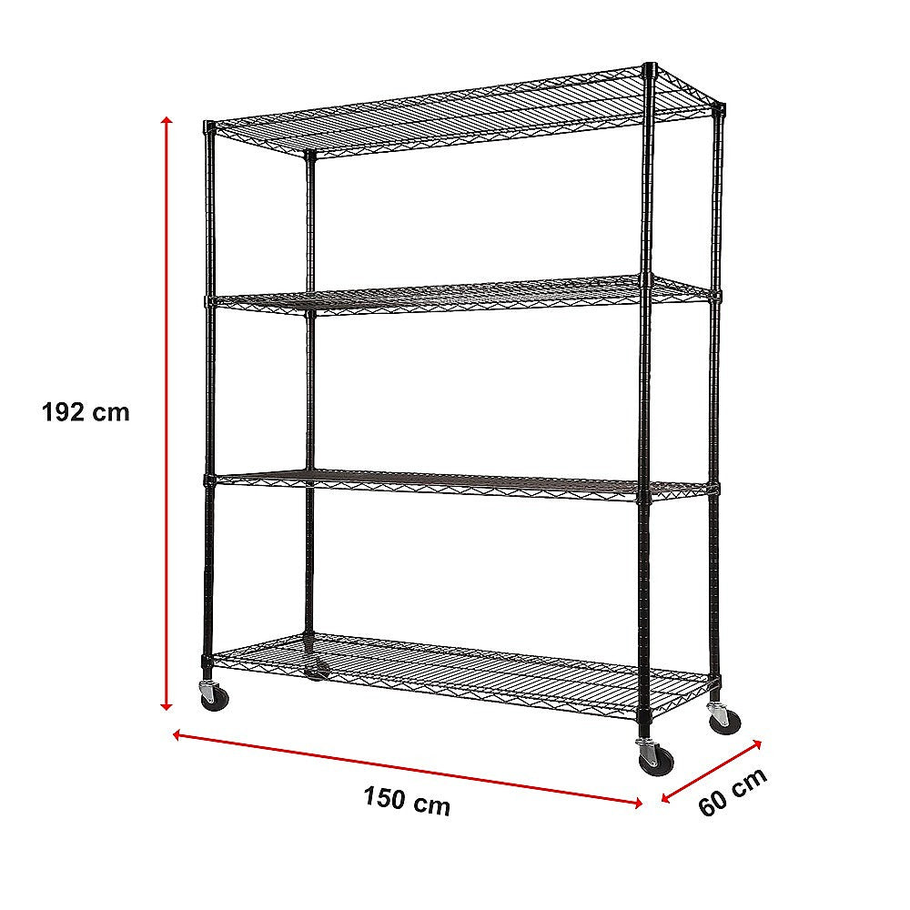 Adjustable Steel Wire Storage Shelving Unit with Wheels (1500 x 600 x 1800mm, 4 Shelves)