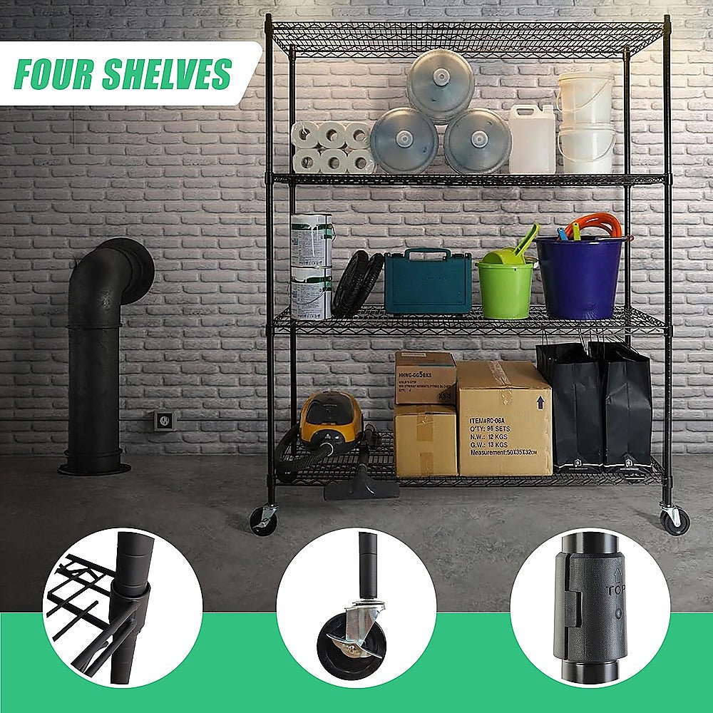 Adjustable Steel Wire Storage Shelving Unit with Wheels (1500 x 600 x 1800mm, 4 Shelves)