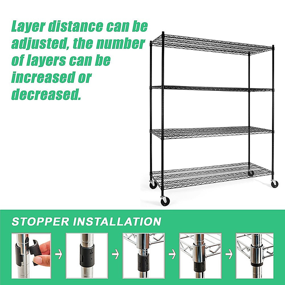 Adjustable Steel Wire Storage Shelving Unit with Wheels (1500 x 600 x 1800mm, 4 Shelves)