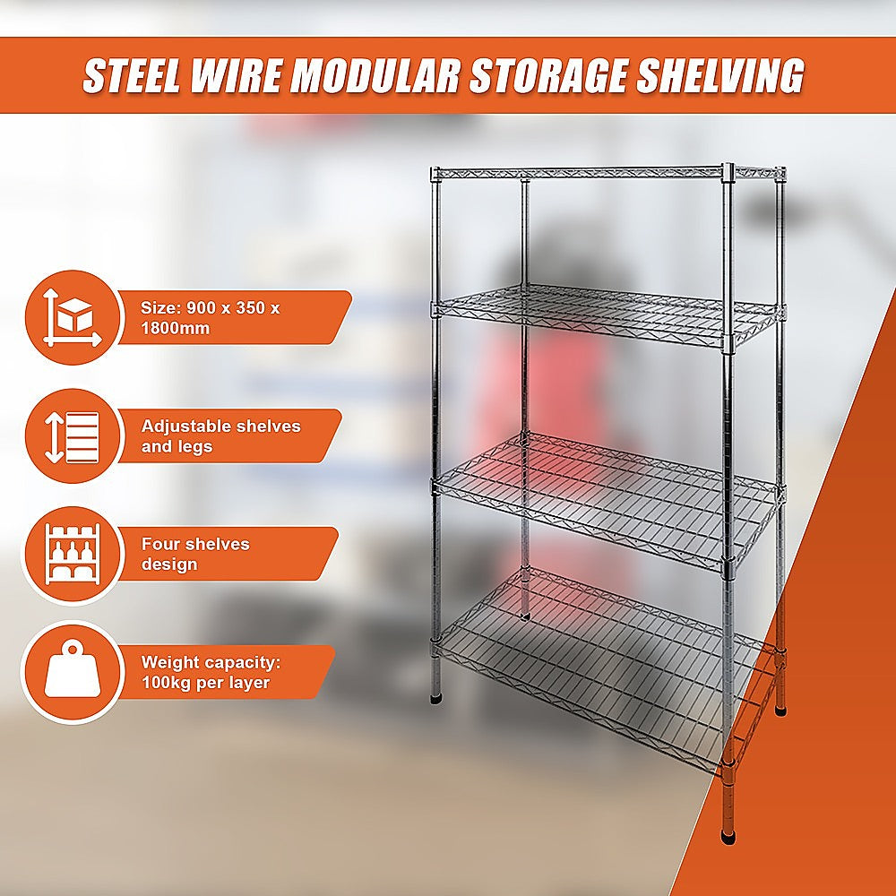 Adjustable Carbon Chrome Steel Wire Shelving, 4 Tiers